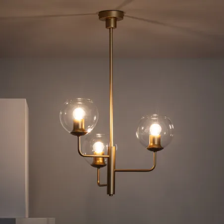Plafonnier suspendu 3 boules verre culot e27 et métal doré