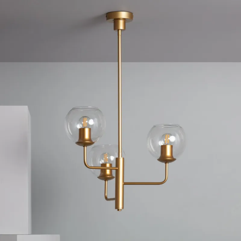 Plafonnier suspendu 3 boules verre culot e27 et métal doré