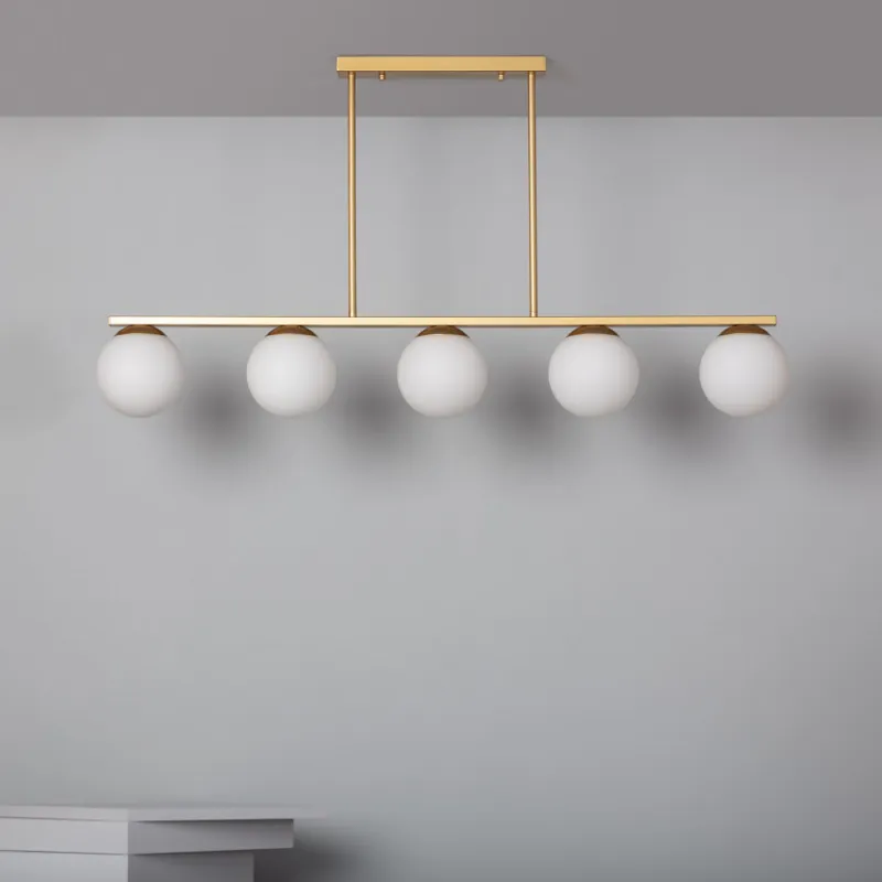 Plafonnier suspendu 5 boules verre culot  et métal doré