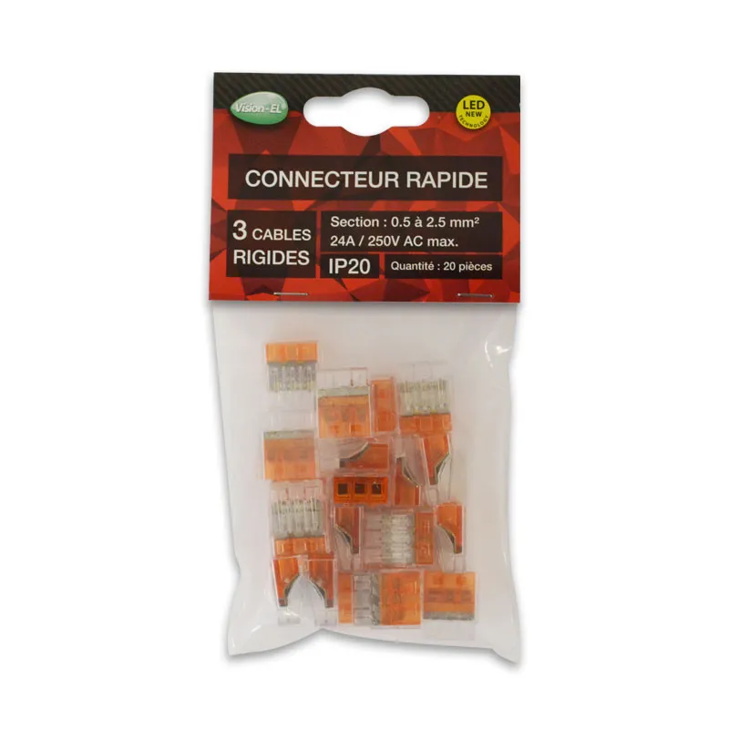 CONNECTEUR RAPIDE 3 FILS RIGIDE POLYBAG PACK DE 20 PCS