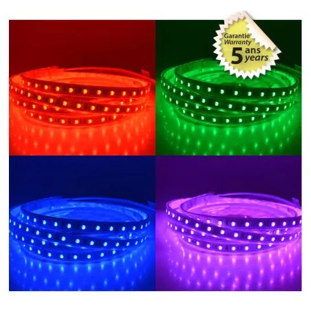 BANDE LED COULEURS+4000 K 5 M 60 LEDS 14,5 W/M IP67 24V BOITE 5 ANS