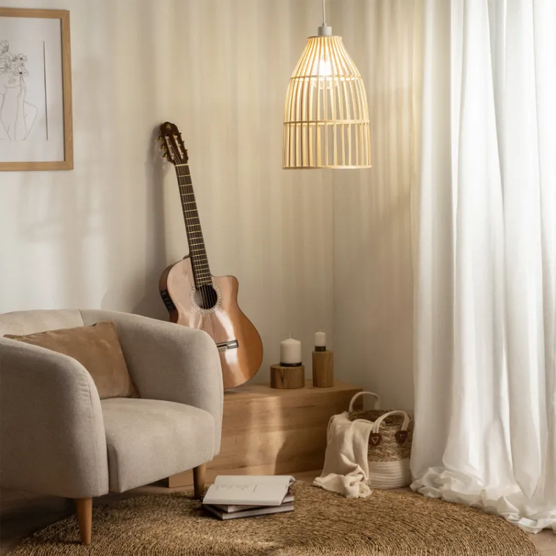 Suspension luminaire suspendu bois rotin culot e27