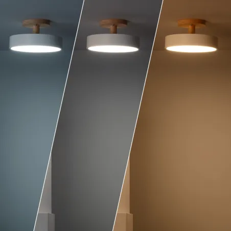 Plafonnier led 12w cct-23cm-3000k-4000k-6000k bois et métal blanc