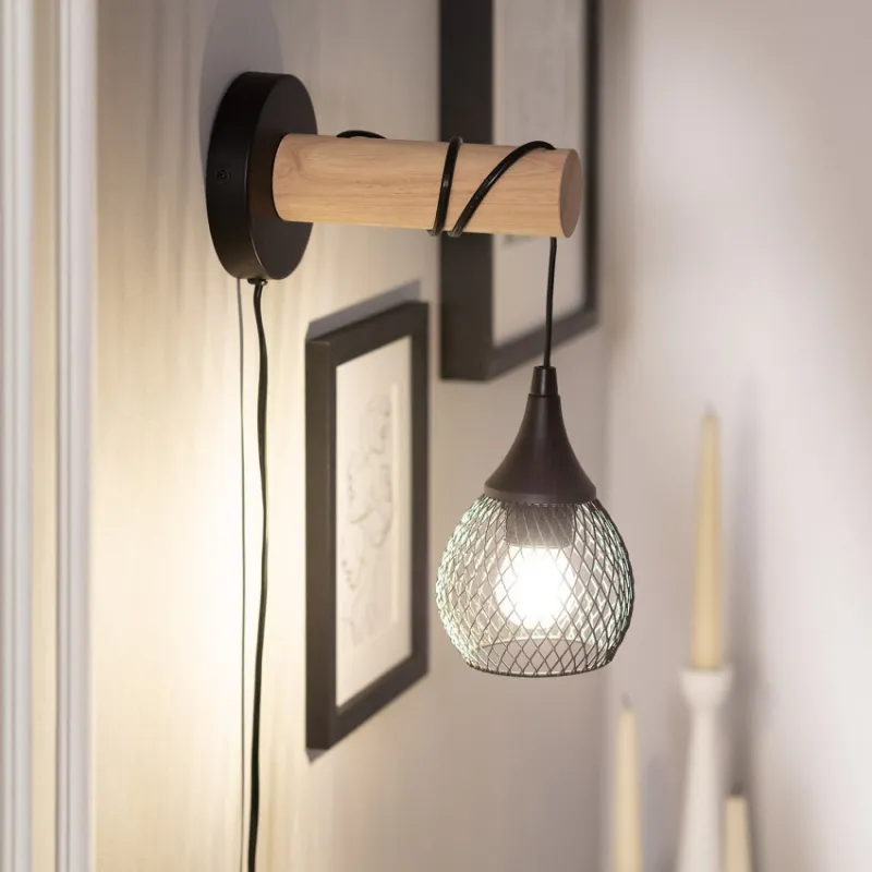 Applique murale interrupteur métal noir culot e27 bois et cage