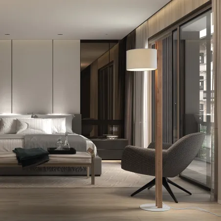 Lampadaire COMPACT E27 40W Coton blanc Bois de hêtre