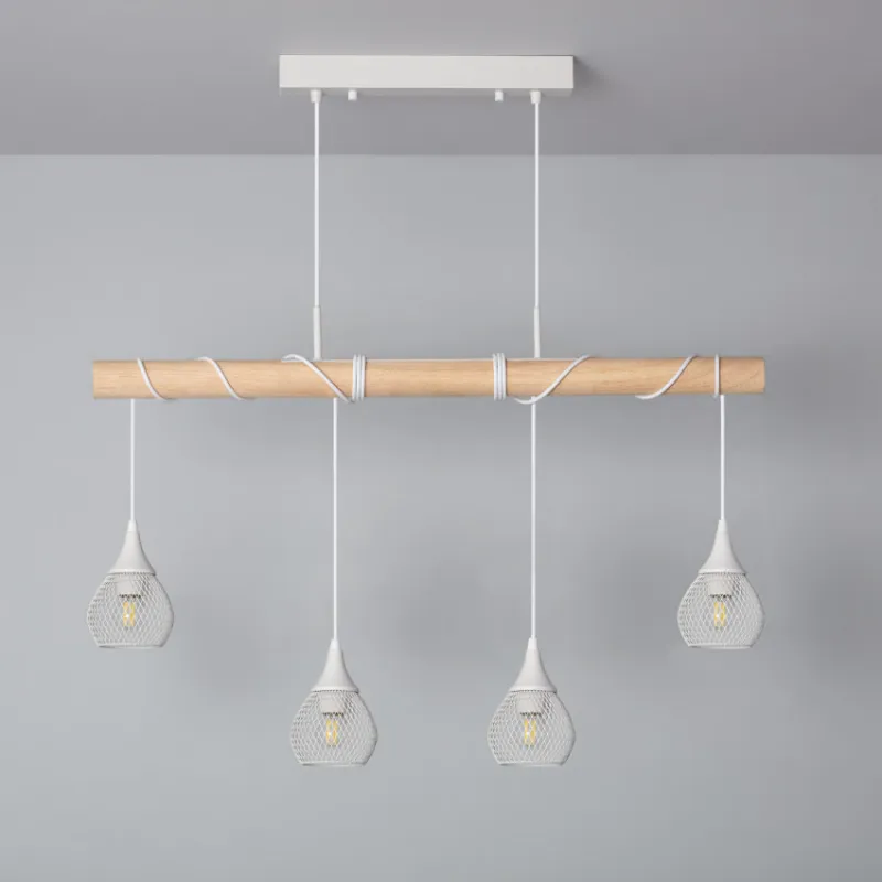 Suspension blanche et bois 4 grilles vintage lustre plafonnier culot ampoule e27