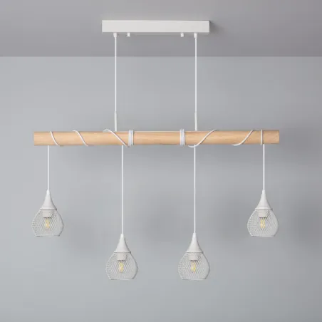 Suspension blanche et bois 4 grilles vintage lustre plafonnier culot ampoule e27