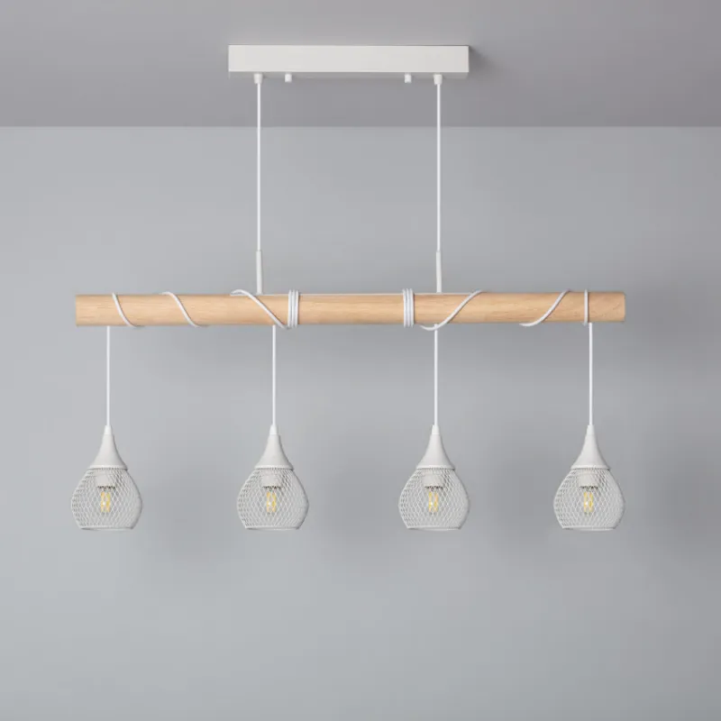 Suspension blanche et bois 4 grilles vintage lustre plafonnier culot ampoule e27