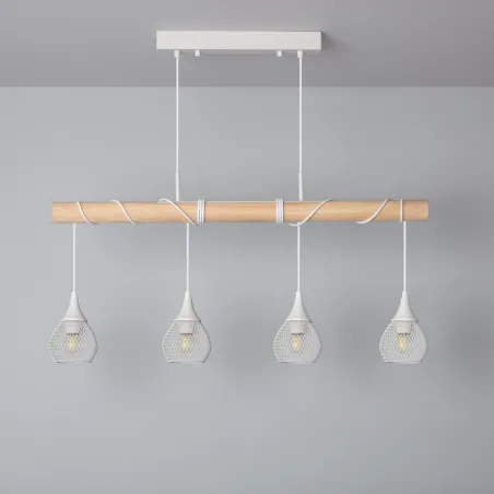 Suspension blanche et bois 4 grilles vintage lustre plafonnier culot ampoule e27