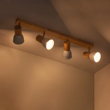 Applique plafonnier 4 têtes orientable blanche et bois culot e14