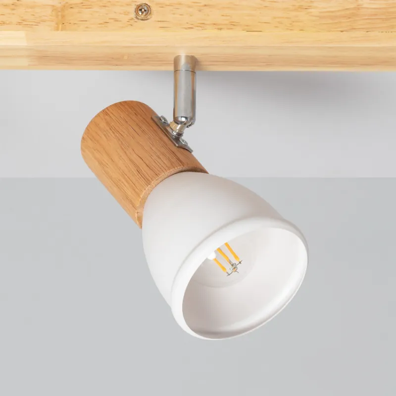 Applique plafonnier 4 têtes orientable blanche et bois culot e14