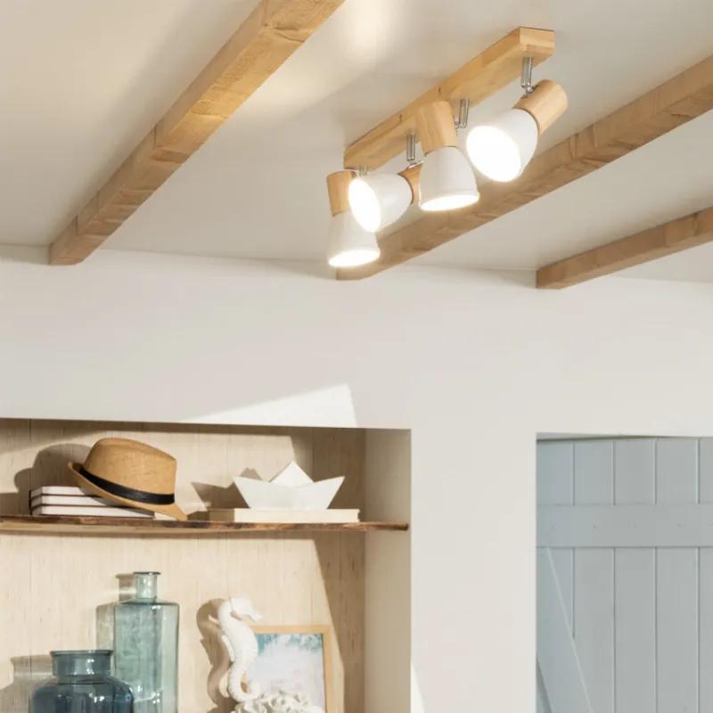 Applique plafonnier 4 têtes orientable blanche et bois culot e14