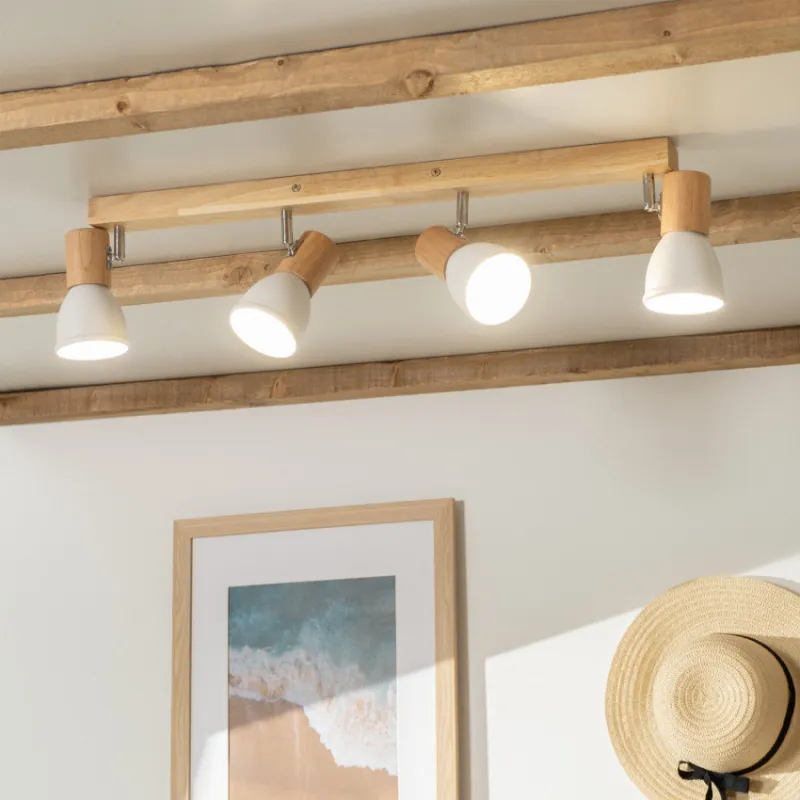 applique-plafonnier-4-tetes-orientable-blanche-et-bois-culot-e14