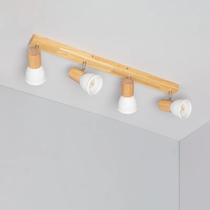 Applique plafonnier 4 têtes orientable blanche et bois culot e14