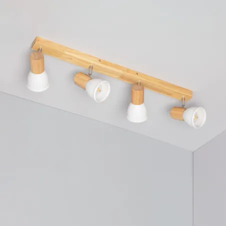 Applique plafonnier 4 têtes orientable blanche et bois culot e14