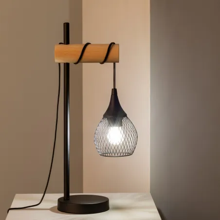 lampe de table tete suspendu noire et bois grille vintage culot e27
