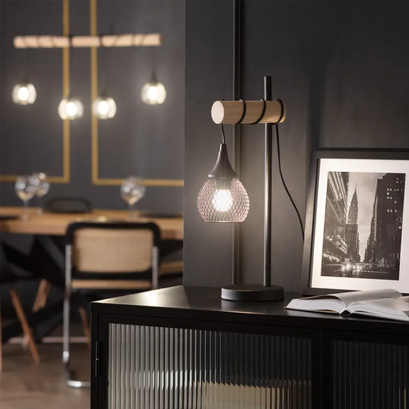 lampe de table tete suspendu noire et bois grille vintage culot e27