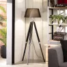 lampadaire 144cm abat-jour noir culot e27 pied bois reglable