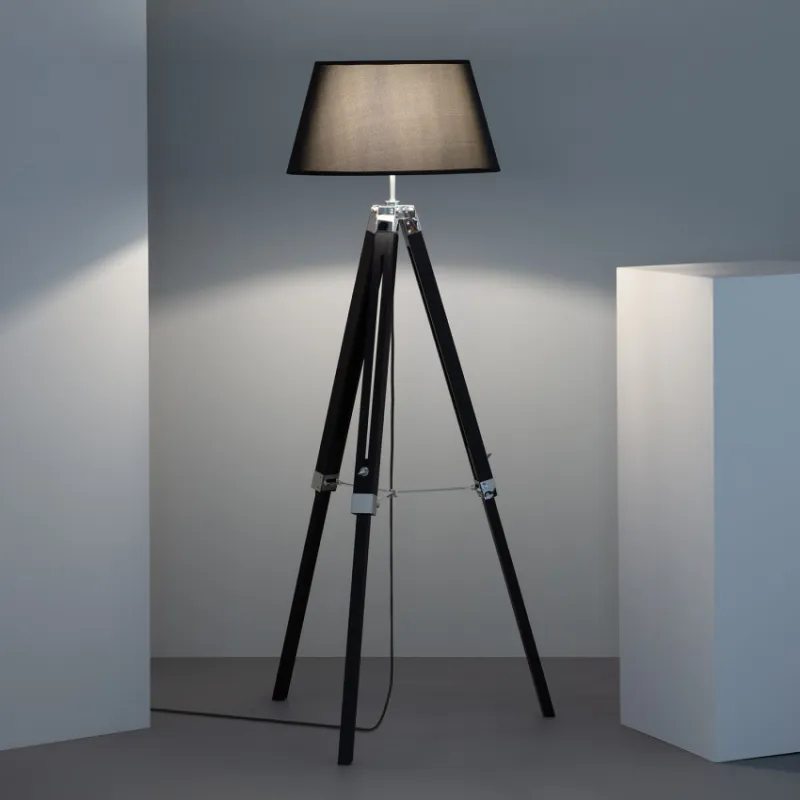 lampadaire 144cm abat-jour noir culot e27 pied bois reglable