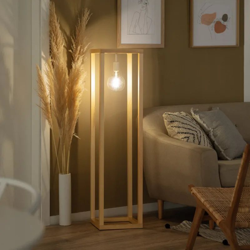 Lampadaire a poser cube bois douille blanche suspendu culot e27