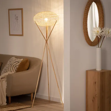 Lampadaire a poser bois rotin douille culot e27