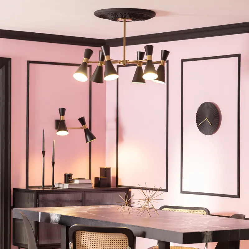 Plafonnier 6 têtes orientable métal noir et doré culot e27