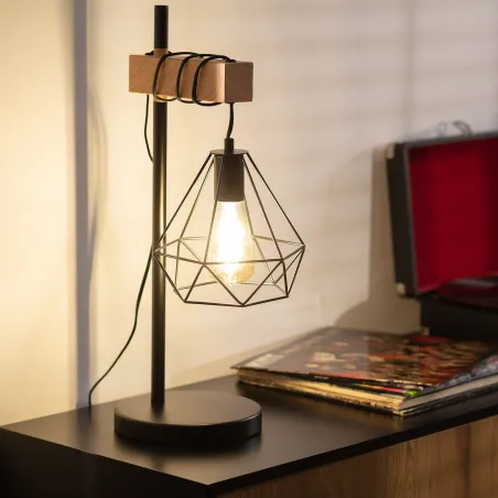 Lampe de chevet table pied métal noir culot e27 bois et cage