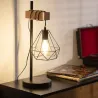 Lampe de chevet table pied métal noir culot e27 bois et cage