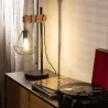 Lampe de chevet table pied métal noir culot e27 bois et cage