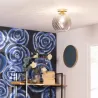 Plafonnier suspendu boule verre et socle fer doré culot e27