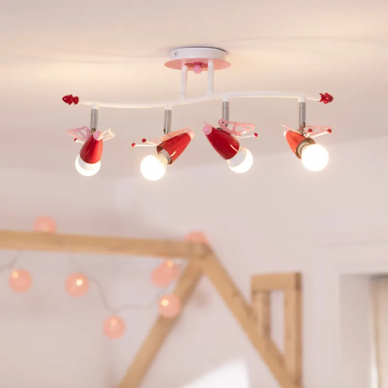 Plafonnier 4 têtes papillon rose décoration chambre enfant e14