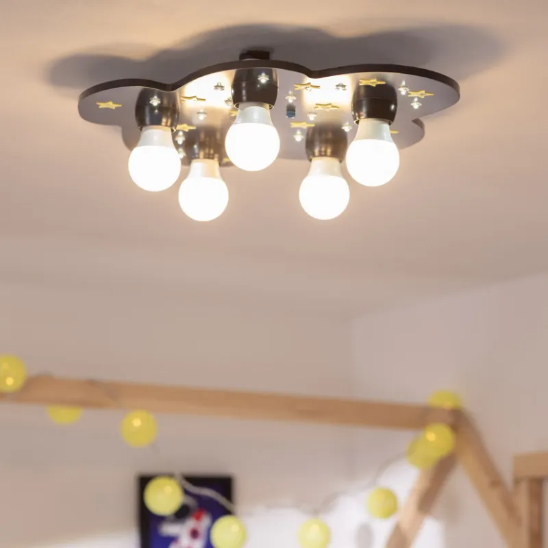 Plafonnier 5 têtes nuage bois décoration chambre enfant e27