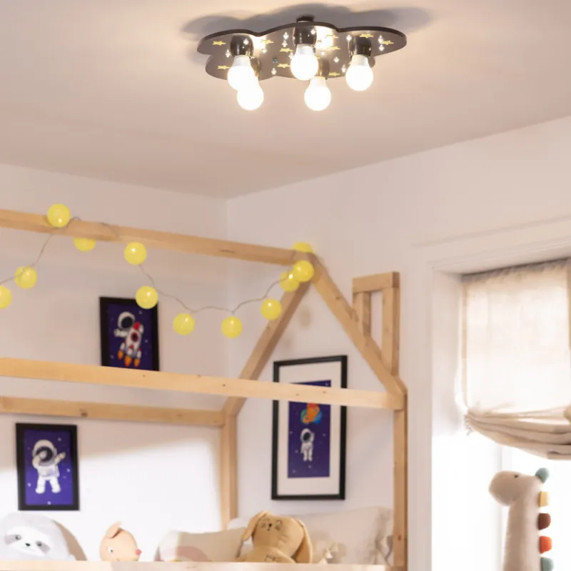 Plafonnier 5 têtes nuage bois décoration chambre enfant e27
