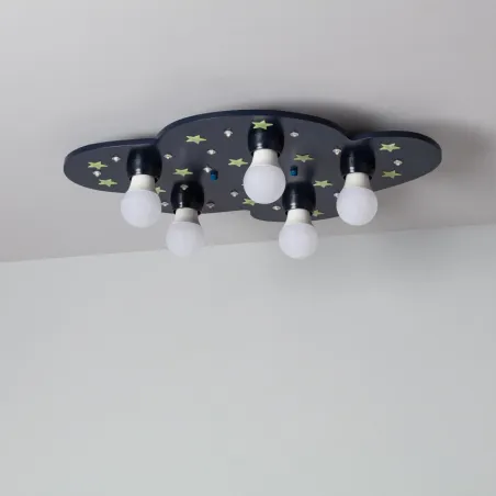 Plafonnier 5 têtes nuage bois décoration chambre enfant e27