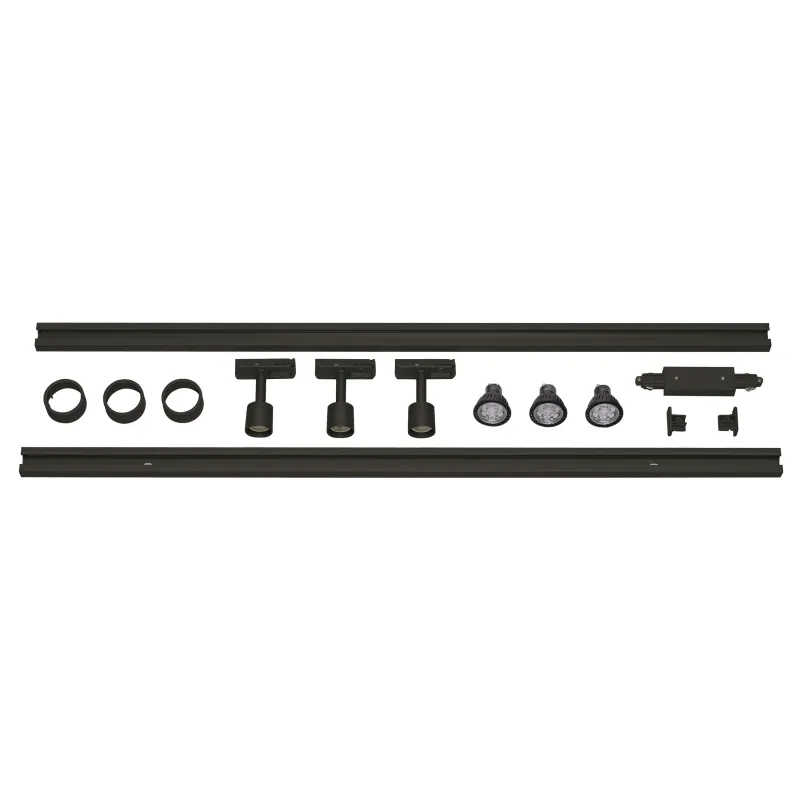 PURI TRACK, kit rail 1 allumage, noir, GU10/LED GU10 51mm, 3x 12,9W, 2 rails de 1m, 3 spots, 1 connecteur et 2 embouts inclus