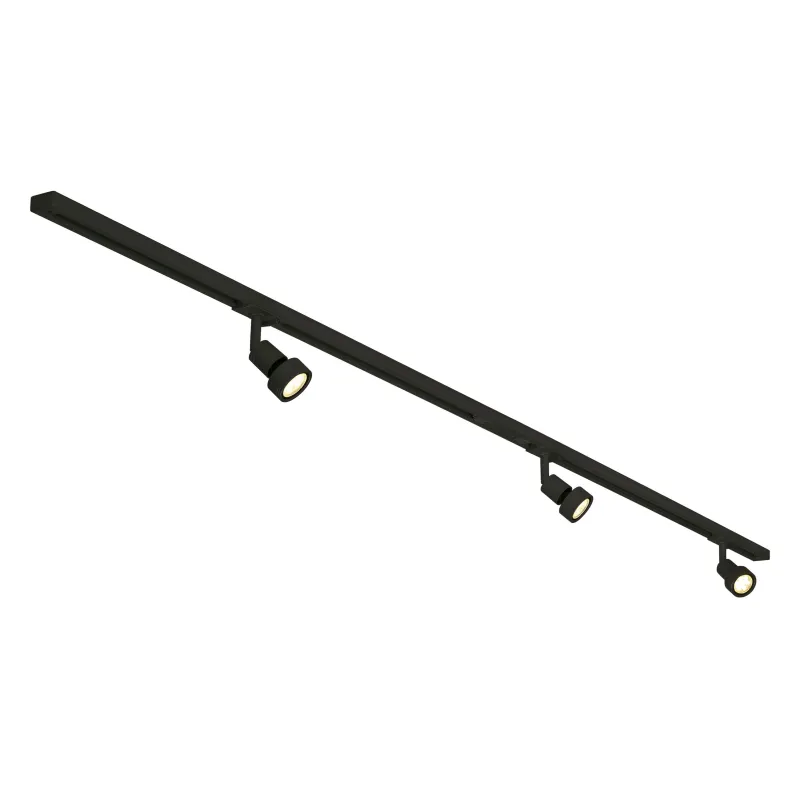 PURI TRACK, kit rail 1 allumage, noir, GU10/LED GU10 51mm, 3x 12,9W, 2 rails de 1m, 3 spots, 1 connecteur et 2 embouts inclus