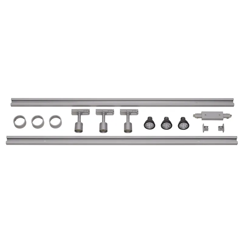 PURI TRACK, kit rail 1 allumage,gris, GU10/LED GU10 51mm, 3x 12,9W, 2 rails de 1m, 3 spots, 1 connecteur et 2 embouts inclus
