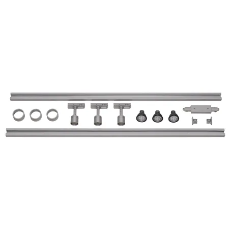 PURI TRACK, kit rail 1 allumage,gris, GU10/LED GU10 51mm, 3x 12,9W, 2 rails de 1m, 3 spots, 1 connecteur et 2 embouts inclus