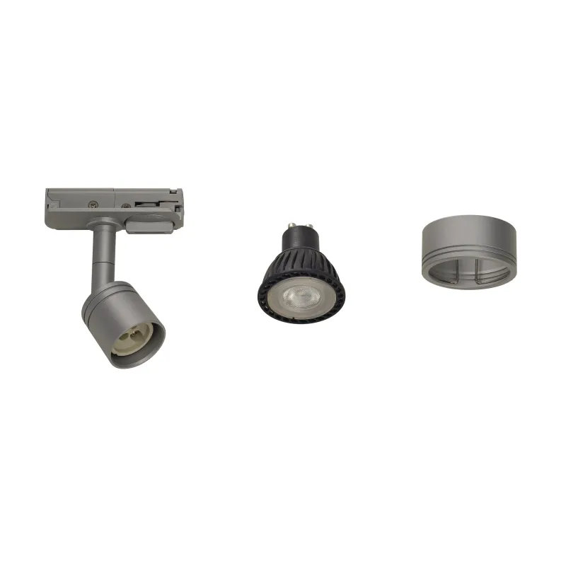 PURI TRACK, kit rail 1 allumage,gris, GU10/LED GU10 51mm, 3x 12,9W, 2 rails de 1m, 3 spots, 1 connecteur et 2 embouts inclus