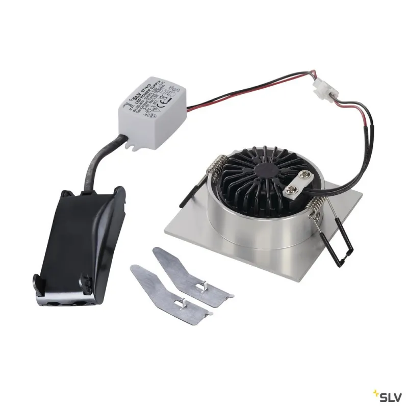 NEW TRIA 68, encastré de plafond intérieur, simple, carré, alu brossé, LED, 5,3W, 3000K, clips ressorts