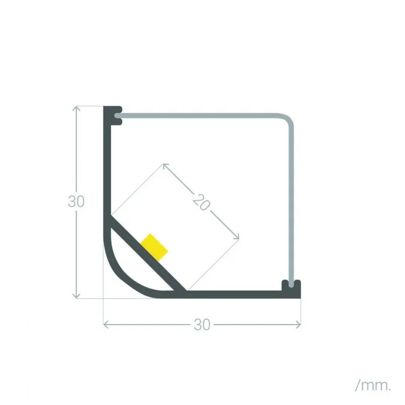 Profilé Aluminium d'angle a54 avec diffuseur Continu pour Ruban LED