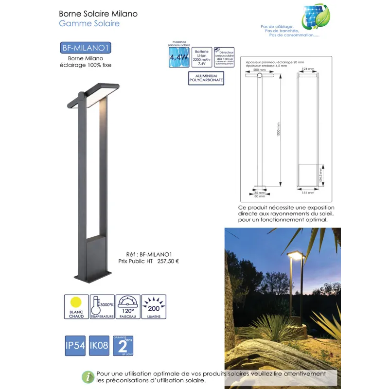 Borne led potelet 100cm-noire-tete solaire orientable-capteur crépusculaire-ip54-200lm-3000k