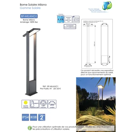 Borne led potelet 100cm-noire-tete solaire orientable-capteur crépusculaire-ip54-200lm-3000k