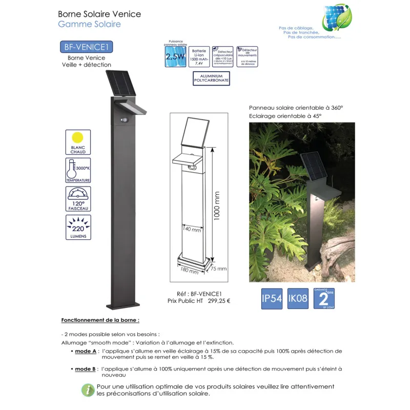 Borne led potelet 100cm-gris anthracite-tête solaire orientable-détecteur mouvement-ip54-220lm-3000k