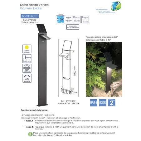 Borne led potelet 100cm-gris anthracite-tête solaire orientable-détecteur mouvement-ip54-220lm-3000k