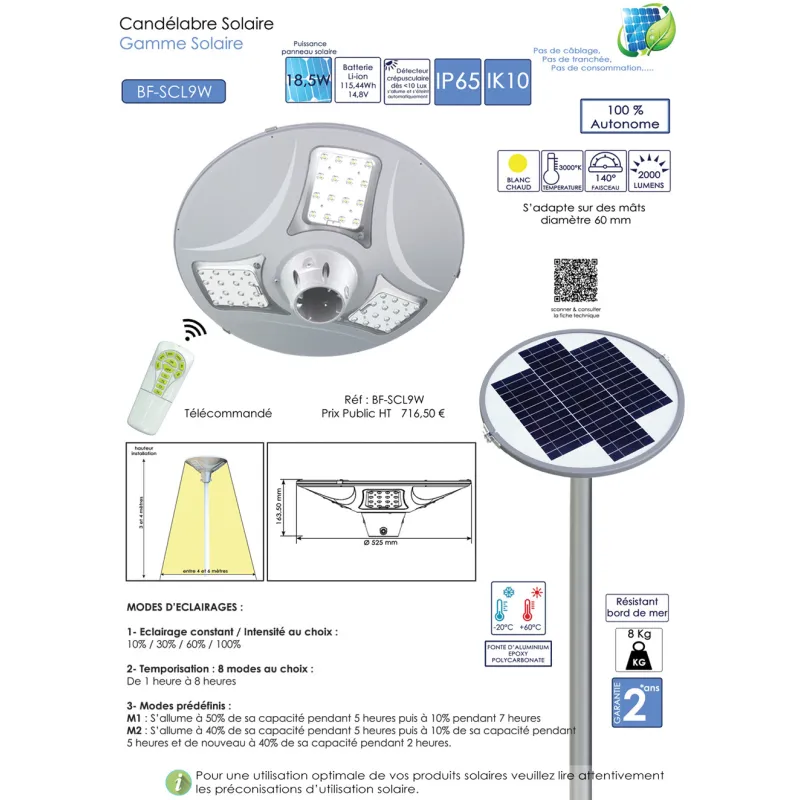 Lampadaire candélabre solaire 18.5w led 2000 lumens tête solaire 3 modes télécommande