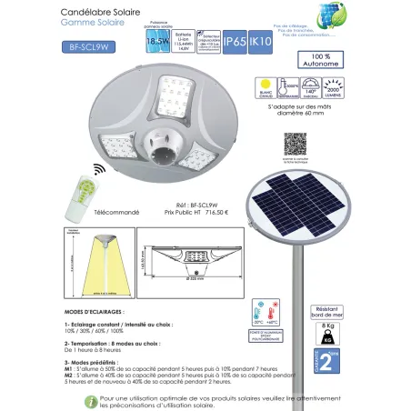 Lampadaire candélabre solaire 18.5w led 2000 lumens tête solaire 3 modes télécommande