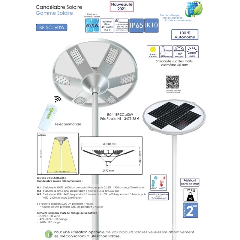 Lampadaire candélabre solaire 60w led 6000 lumens tête solaire 3 modes télécommande