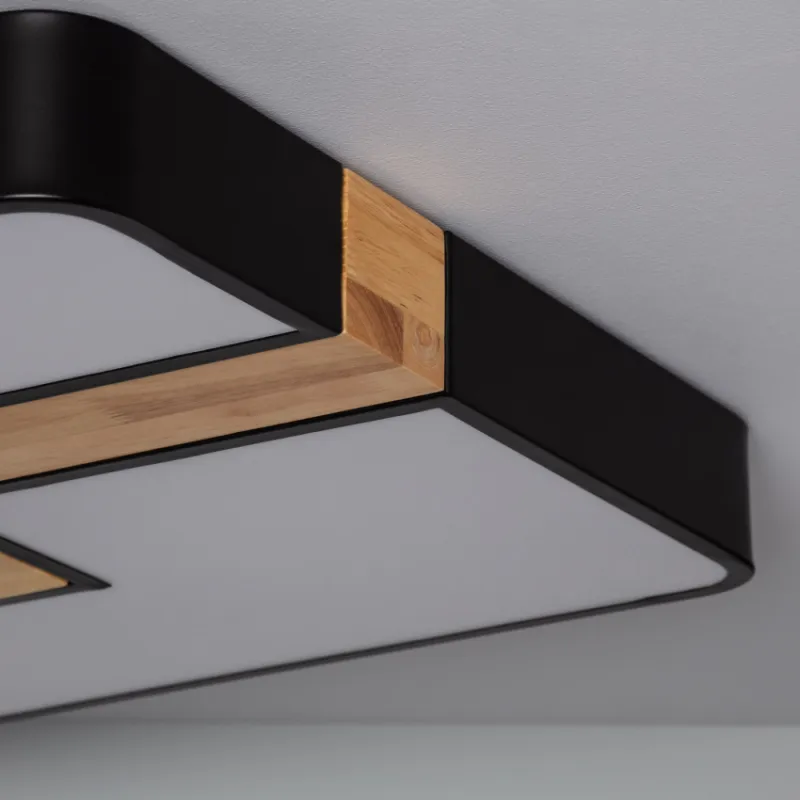 Plafonnier led 35w cct-carré 48cm-3000k-4000k-6000k métal noir et décor bois