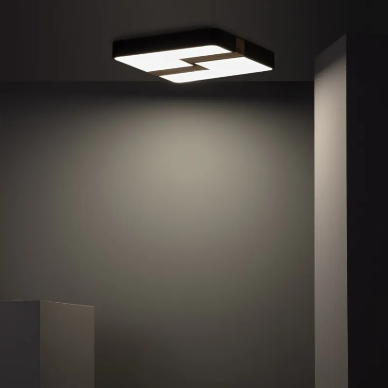 Plafonnier led 35w cct-carré 48cm-3000k-4000k-6000k métal noir et décor bois